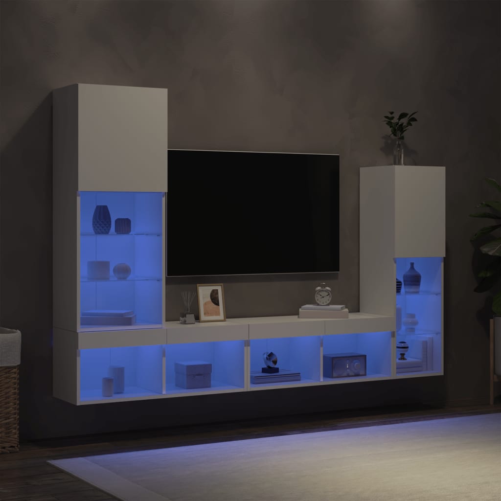4-Delige Tv-Wandmeubelset Met Led-Verlichting Bewerkt Hout Wit