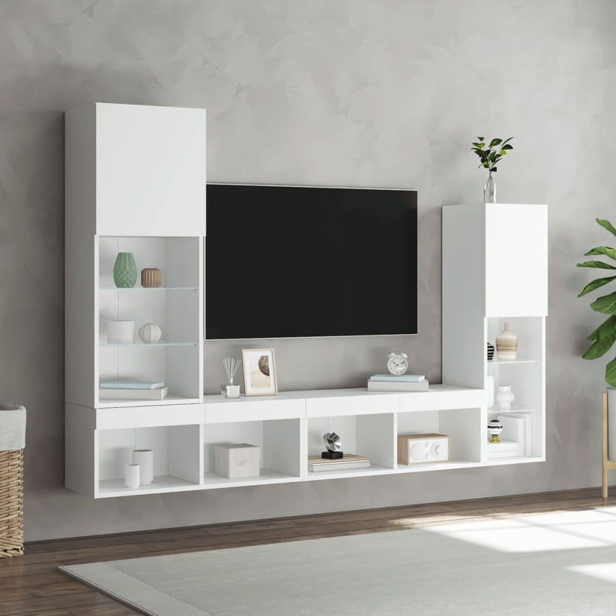 4-Delige Tv-Wandmeubelset Met Led-Verlichting Bewerkt Hout Wit