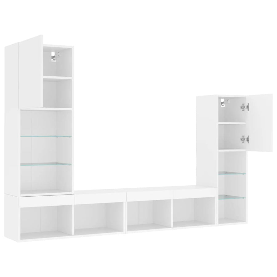 4-Delige Tv-Wandmeubelset Met Led-Verlichting Bewerkt Hout Wit