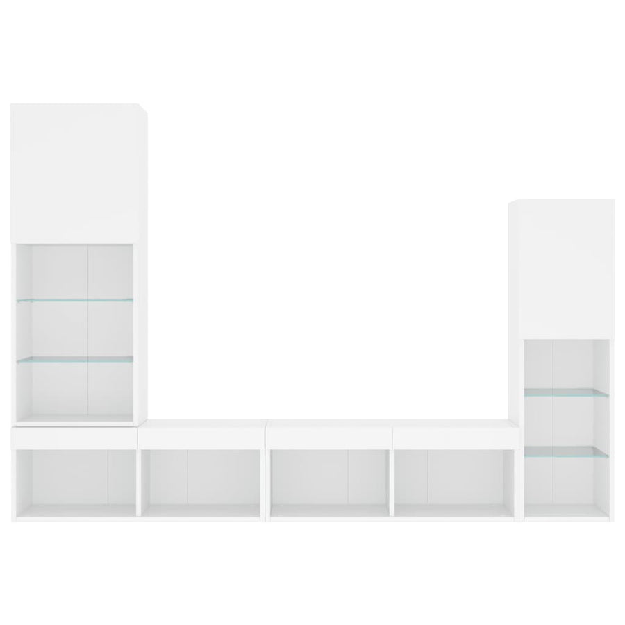 4-Delige Tv-Wandmeubelset Met Led-Verlichting Bewerkt Hout Wit
