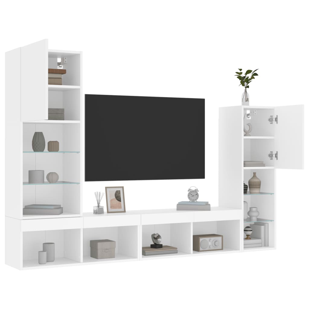 4-Delige Tv-Wandmeubelset Met Led-Verlichting Bewerkt Hout Wit