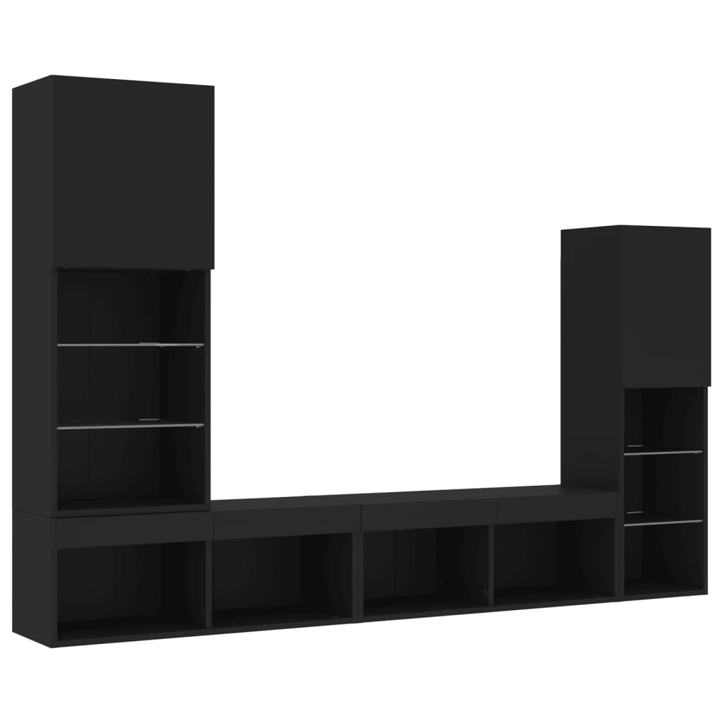 7-Delige Tv-Wandmeubelset Met Led Bewerkt Hout Zwart