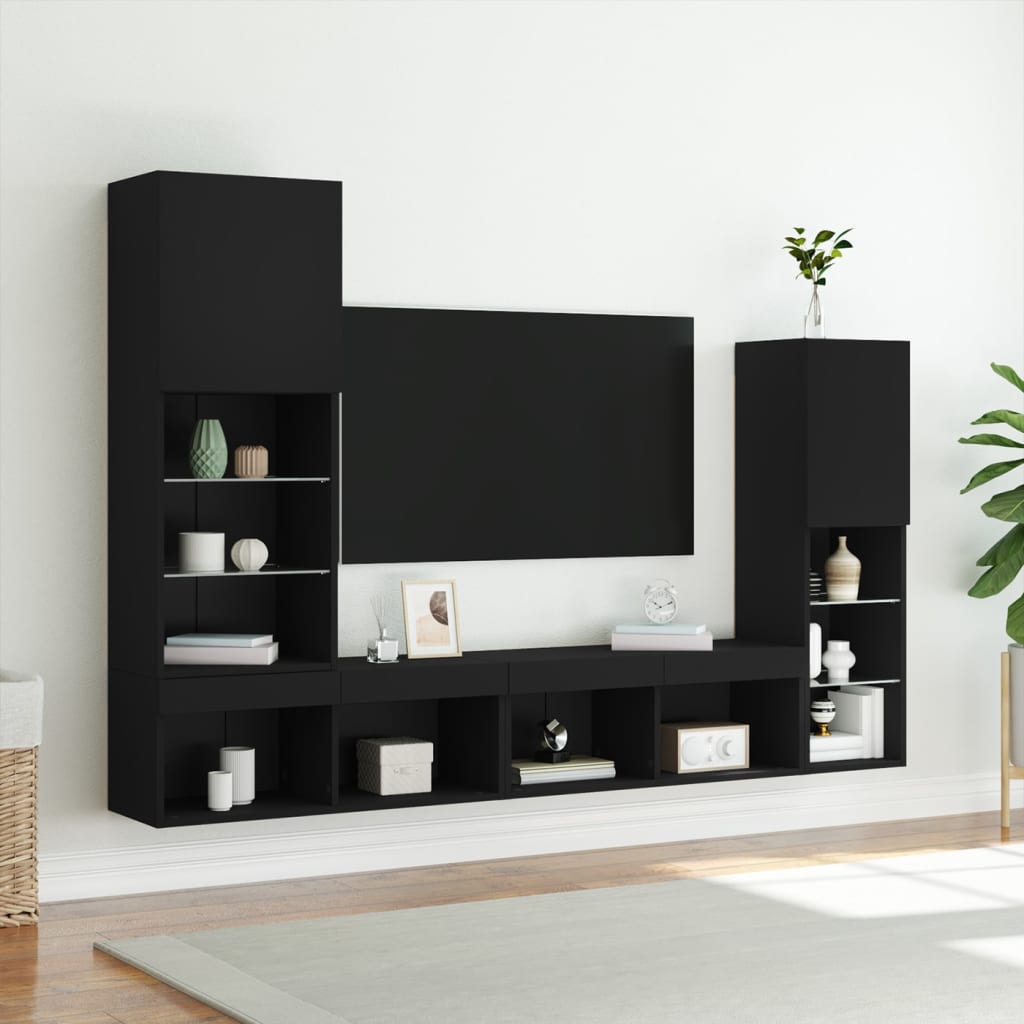 7-Delige Tv-Wandmeubelset Met Led Bewerkt Hout Zwart
