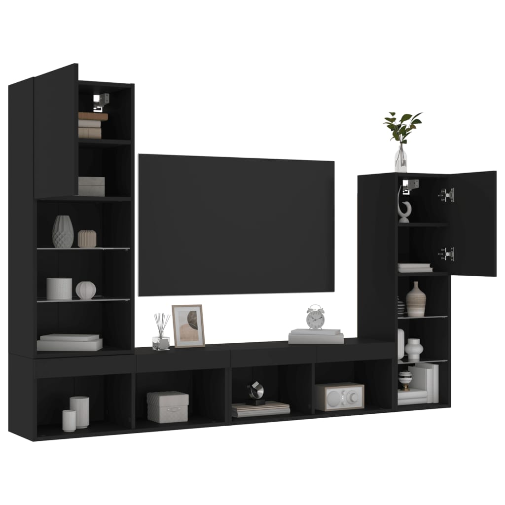 7-Delige Tv-Wandmeubelset Met Led Bewerkt Hout Zwart