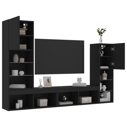 7-Delige Tv-Wandmeubelset Met Led Bewerkt Hout Zwart