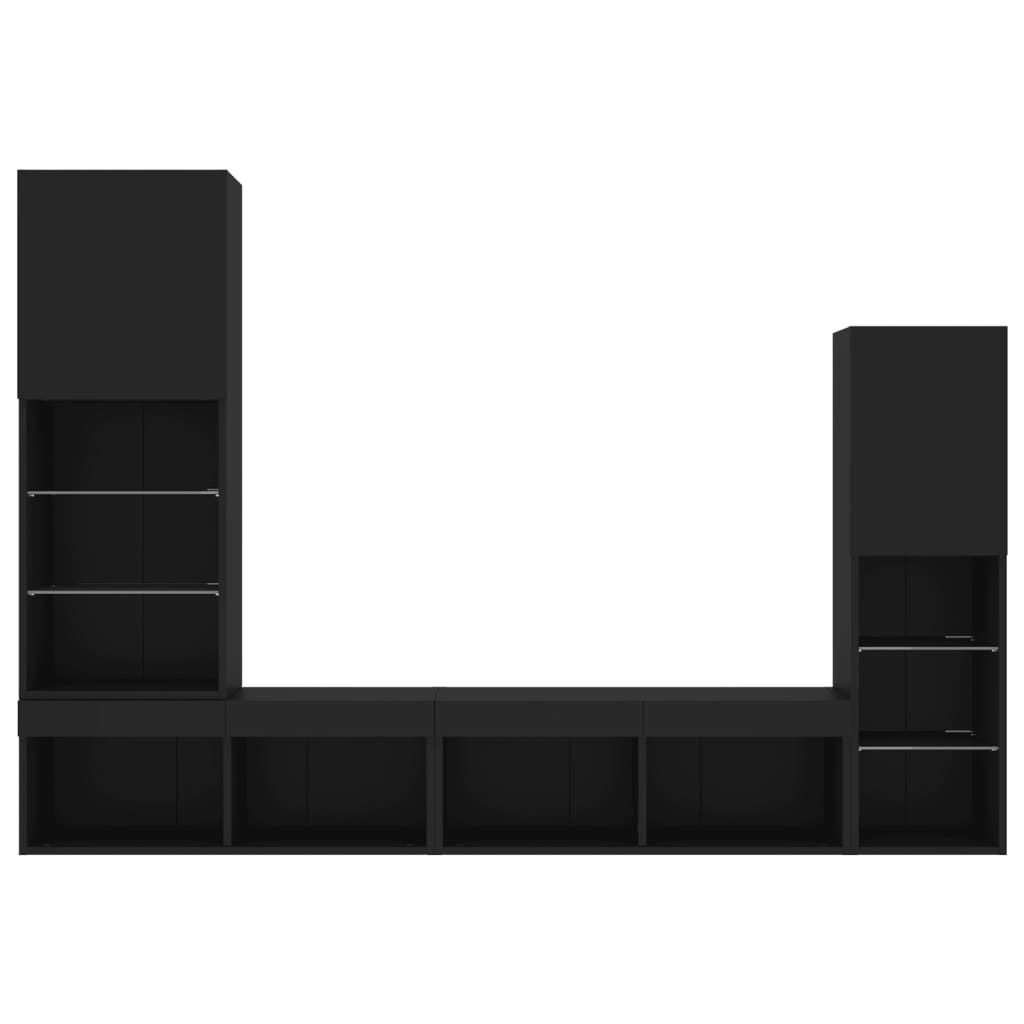 7-Delige Tv-Wandmeubelset Met Led Bewerkt Hout Zwart