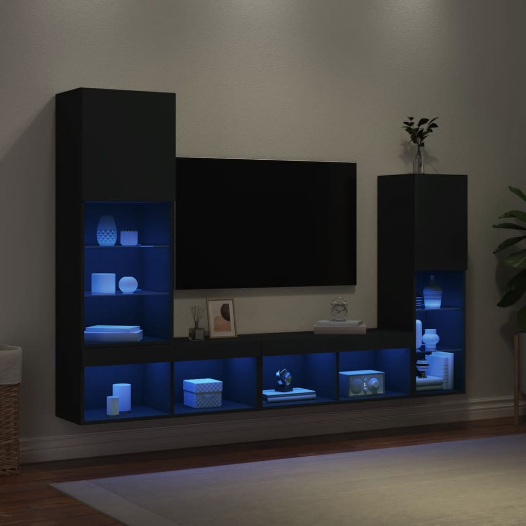 7-Delige Tv-Wandmeubelset Met Led Bewerkt Hout Zwart
