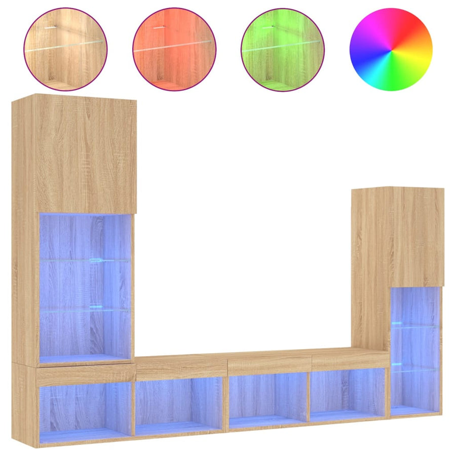 4-Delige Tv-Wandmeubelset Met Led Bewerkt Hout Sonoma eiken