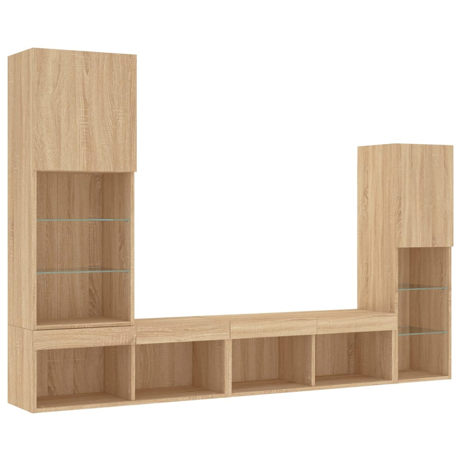 4-Delige Tv-Wandmeubelset Met Led Bewerkt Hout Sonoma eiken