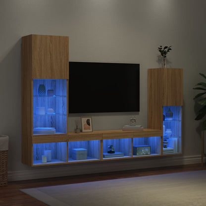4-Delige Tv-Wandmeubelset Met Led Bewerkt Hout Sonoma eiken