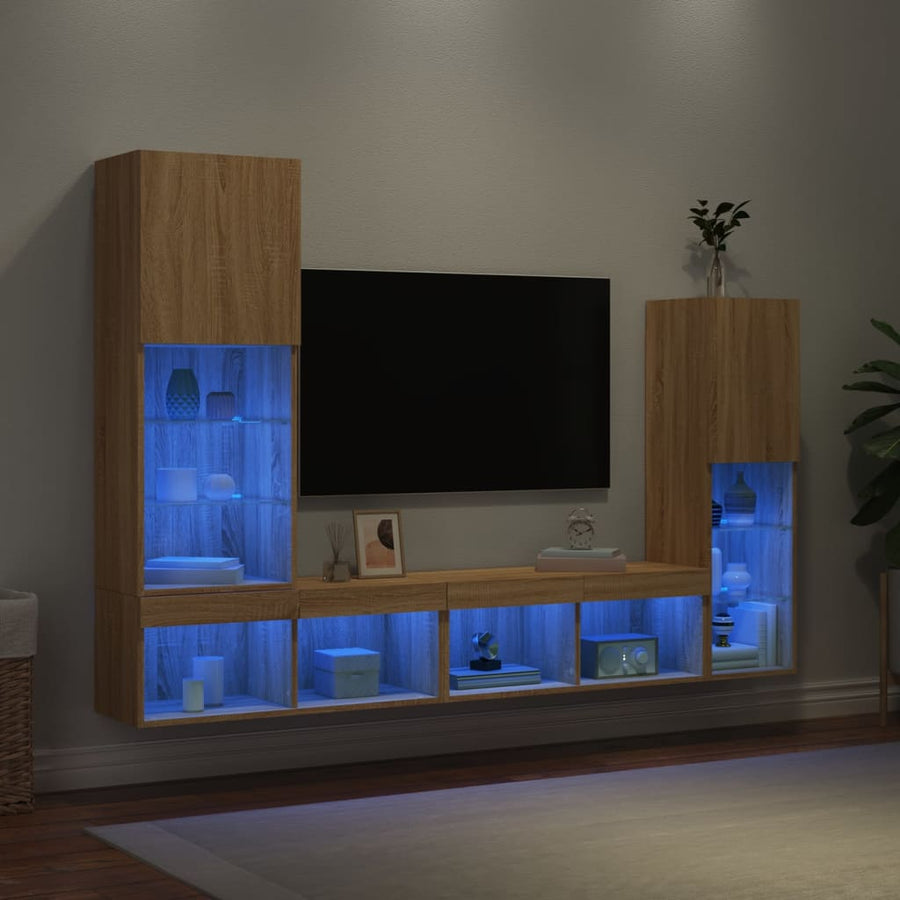 4-Delige Tv-Wandmeubelset Met Led Bewerkt Hout Sonoma eiken