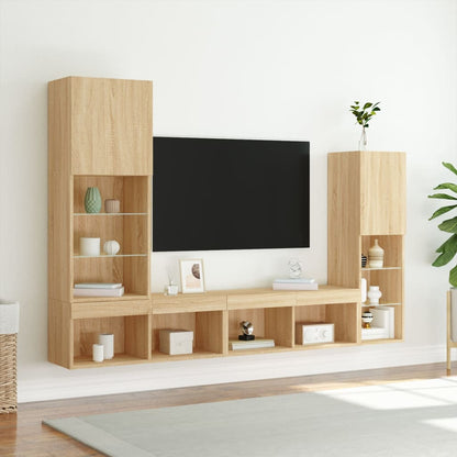 4-Delige Tv-Wandmeubelset Met Led Bewerkt Hout Sonoma eiken