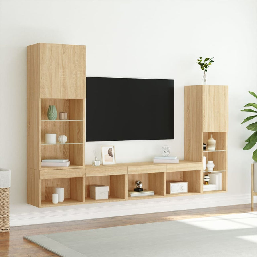 4-Delige Tv-Wandmeubelset Met Led Bewerkt Hout Sonoma eiken