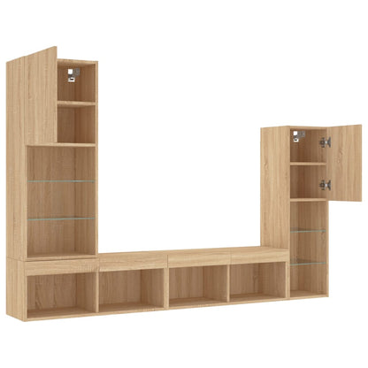 4-Delige Tv-Wandmeubelset Met Led Bewerkt Hout Sonoma eiken