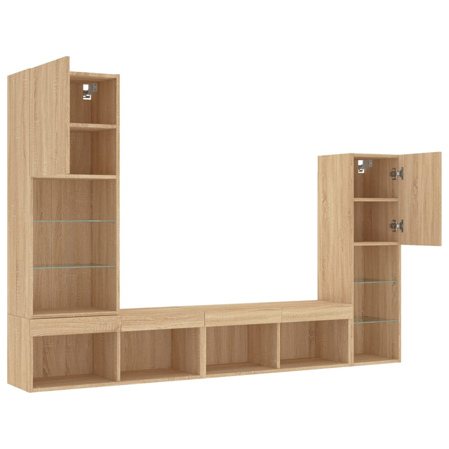 4-Delige Tv-Wandmeubelset Met Led Bewerkt Hout Sonoma eiken
