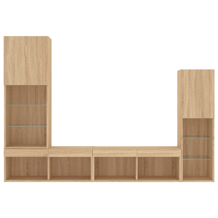 4-Delige Tv-Wandmeubelset Met Led Bewerkt Hout Sonoma eiken