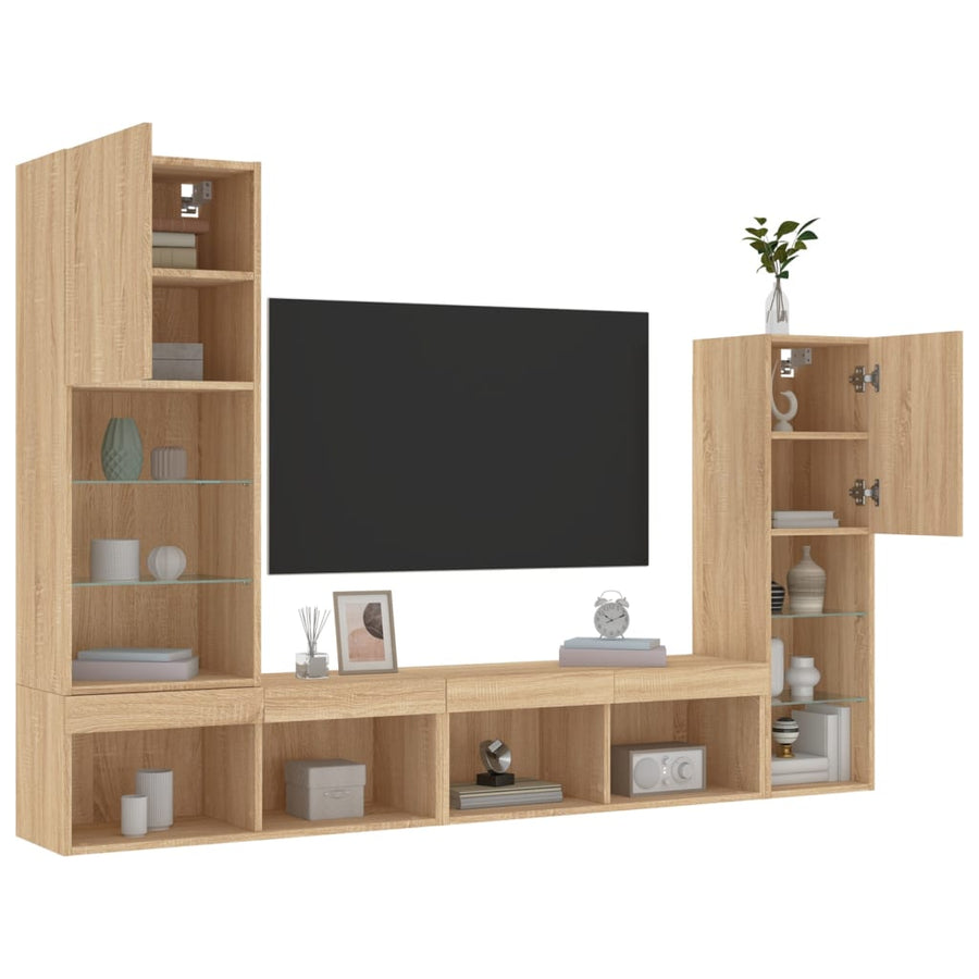 4-Delige Tv-Wandmeubelset Met Led Bewerkt Hout Sonoma eiken