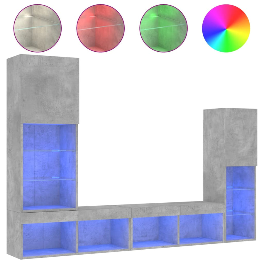 4-delige Tv-wandmeubelset met LED bewerkt hout betongrijs