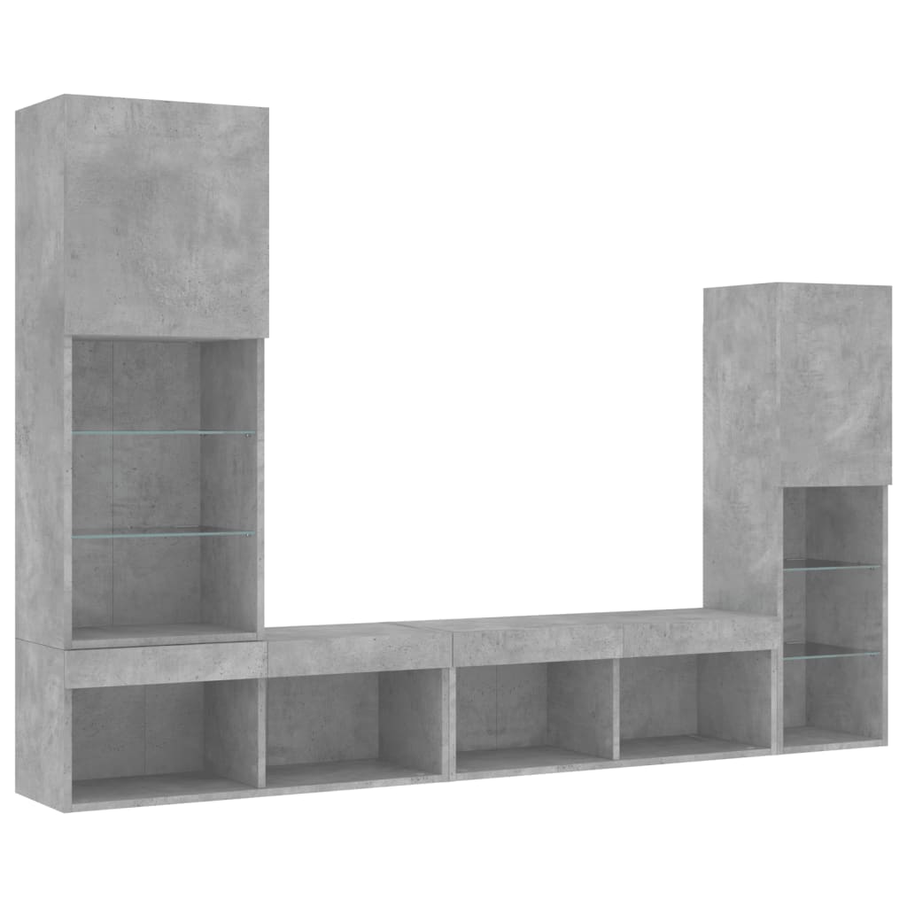 4-delige Tv-wandmeubelset met LED bewerkt hout betongrijs