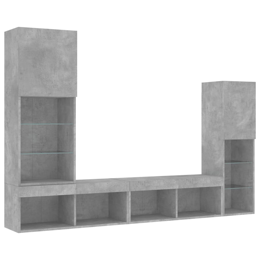 4-delige Tv-wandmeubelset met LED bewerkt hout betongrijs
