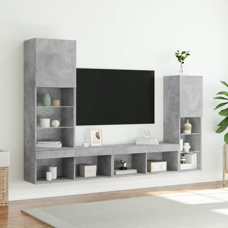 4-delige Tv-wandmeubelset met LED bewerkt hout betongrijs