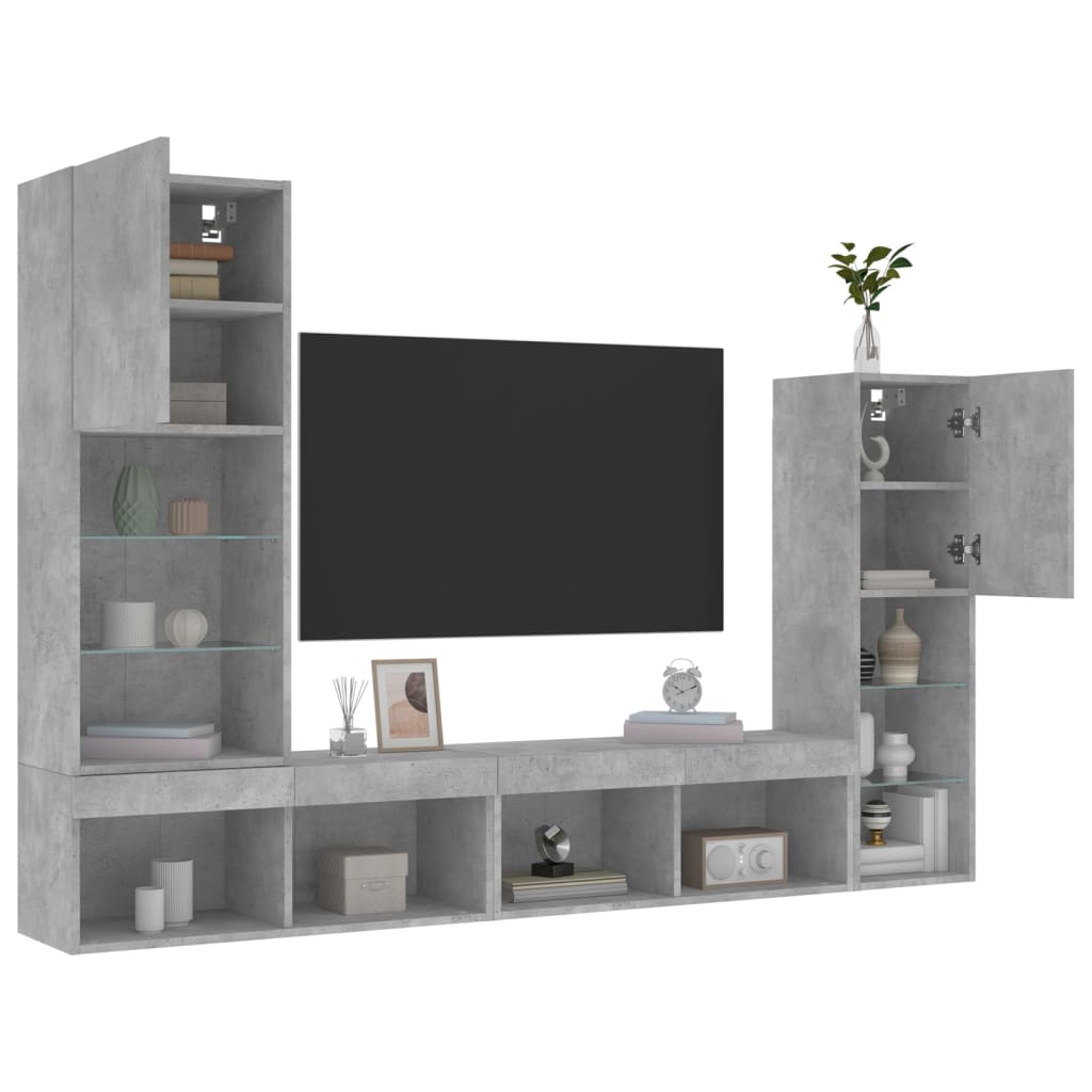 4-delige Tv-wandmeubelset met LED bewerkt hout betongrijs