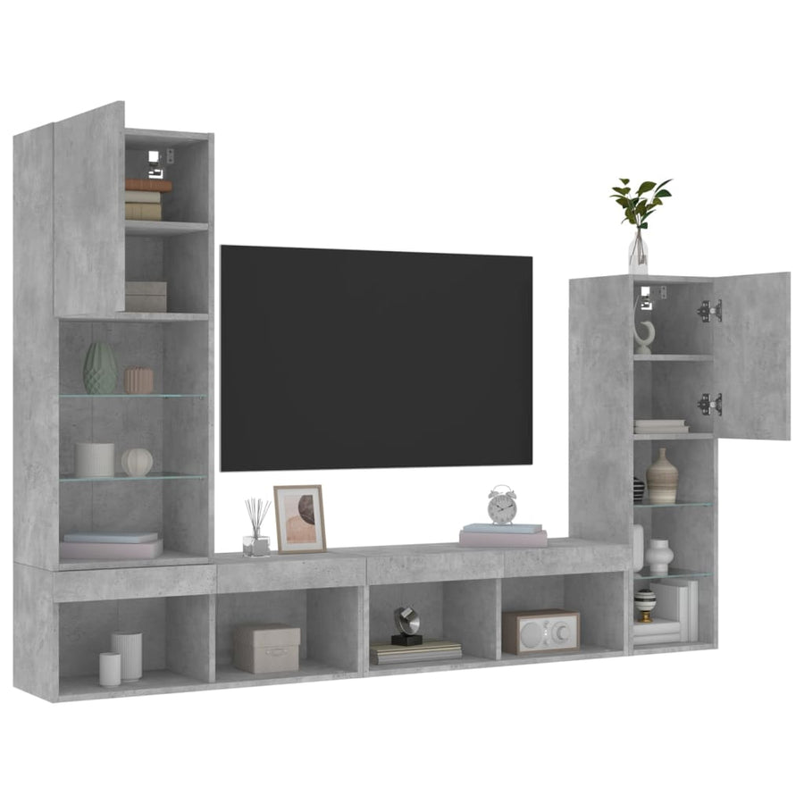 4-delige Tv-wandmeubelset met LED bewerkt hout betongrijs