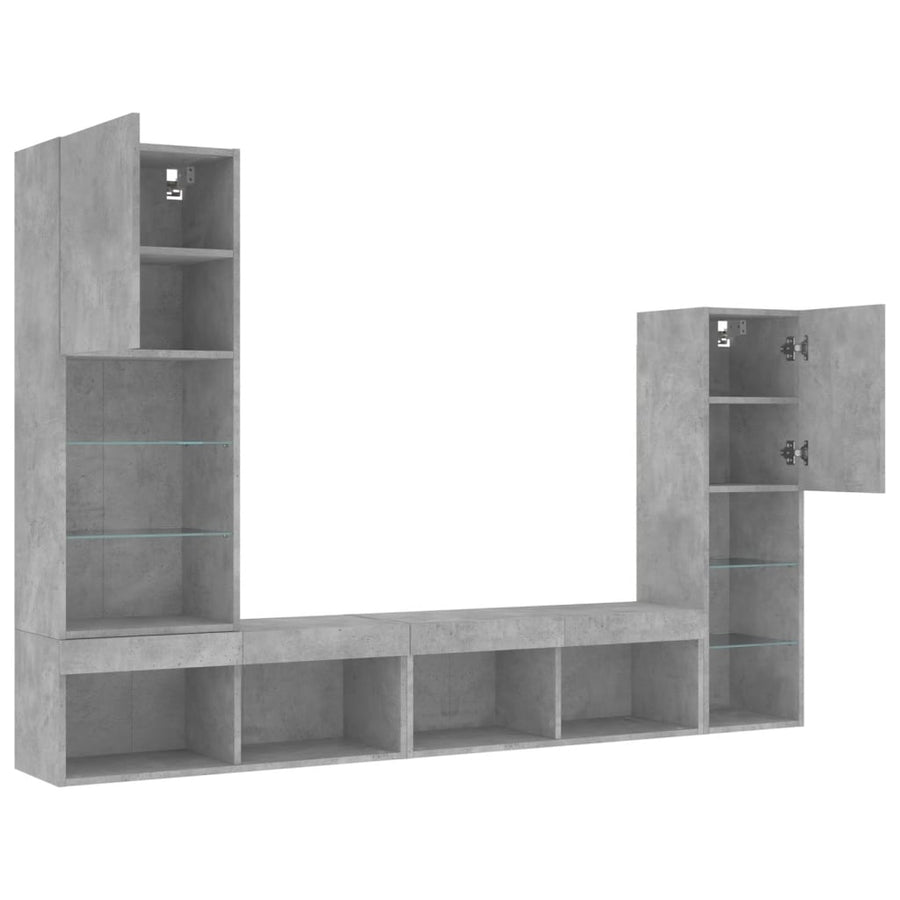 4-delige Tv-wandmeubelset met LED bewerkt hout betongrijs