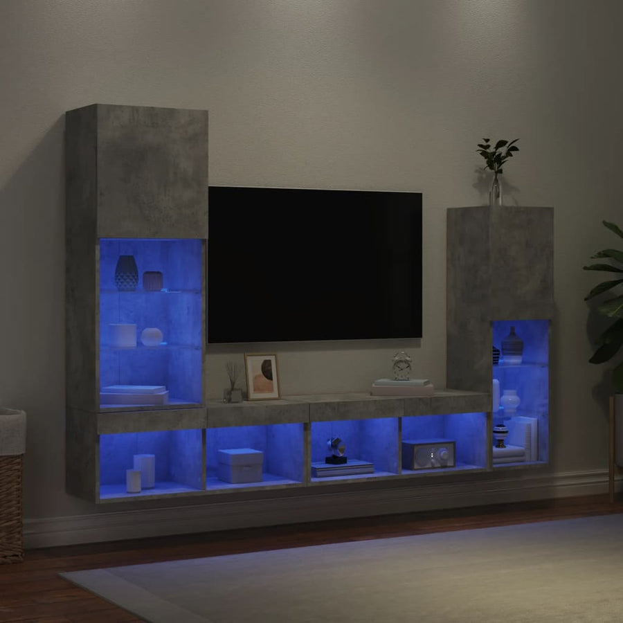 4-delige Tv-wandmeubelset met LED bewerkt hout betongrijs
