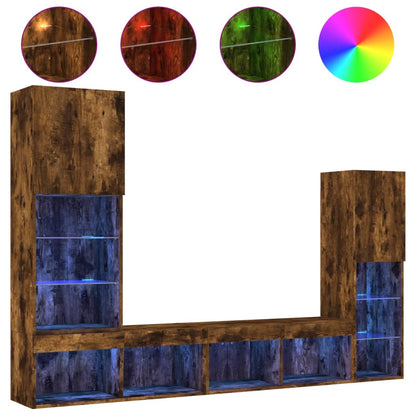 8-Delige Tv-Wandmeubelset Met Led Bewerkt Hout Gerookt eiken
