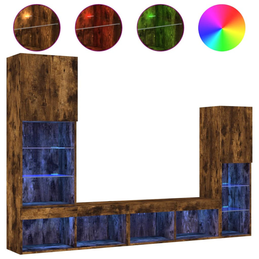 8-delige tv-wandmeubelset met LED bewerkt hout gerookt eiken