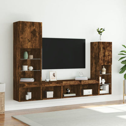 8-Delige Tv-Wandmeubelset Met Led Bewerkt Hout Gerookt eiken