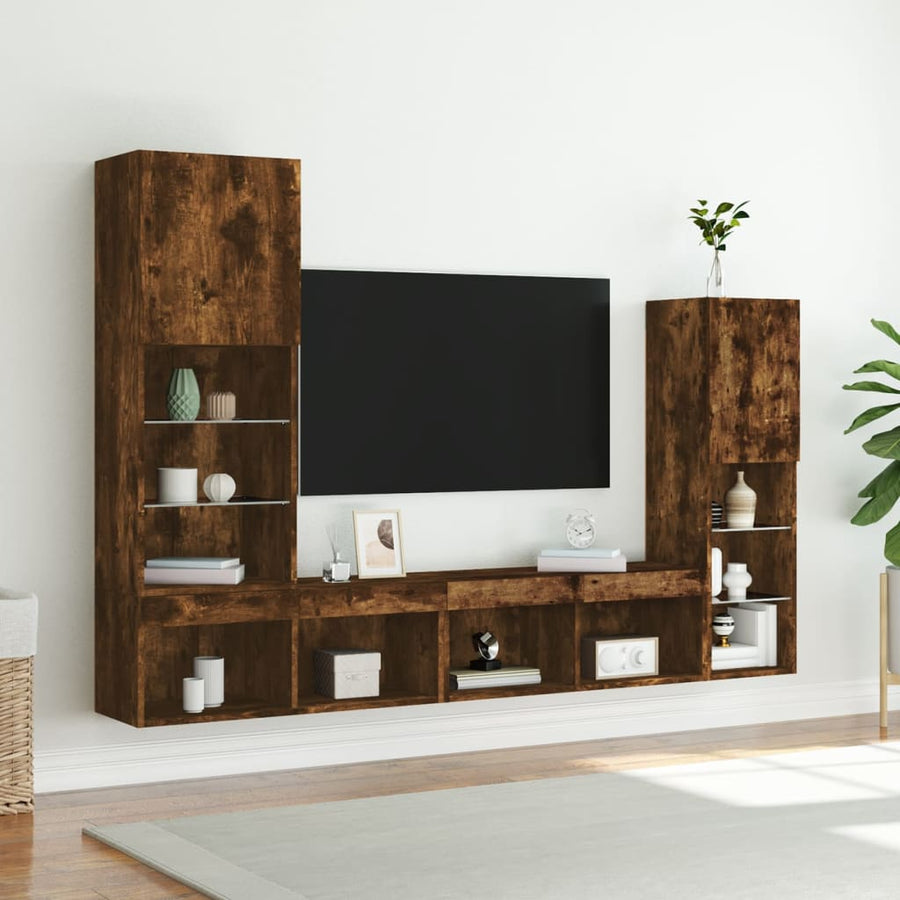 8-delige tv-wandmeubelset met LED bewerkt hout gerookt eiken
