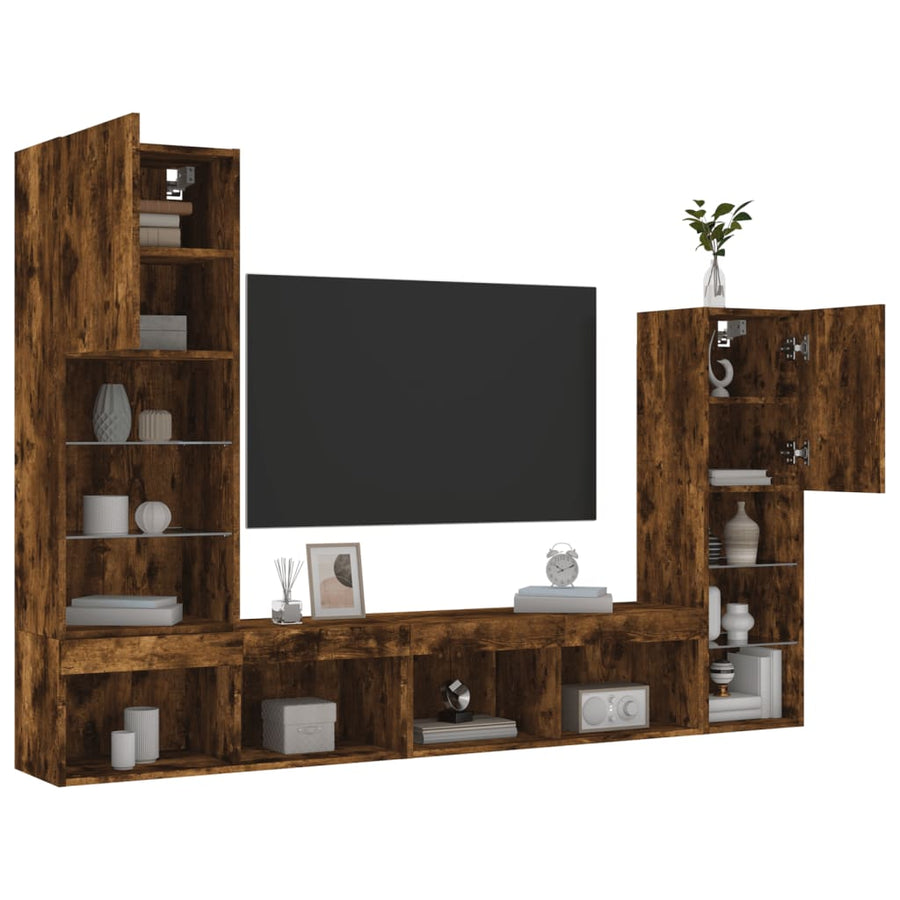 8-delige tv-wandmeubelset met LED bewerkt hout gerookt eiken