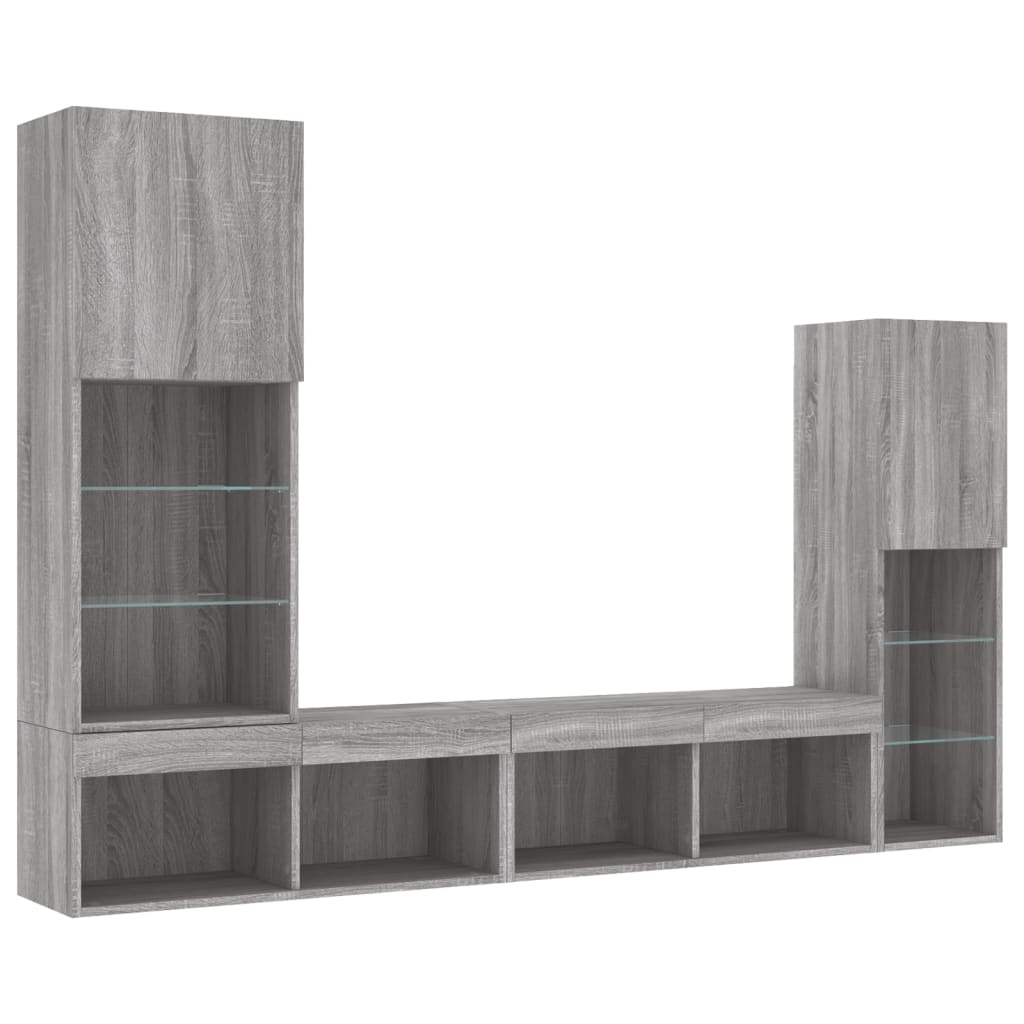 4-Delige Tv-Wandmeubelset Met Led Bewerkt Hout Grijs sonoma
