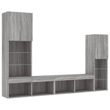 4-Delige Tv-Wandmeubelset Met Led Bewerkt Hout Grijs sonoma