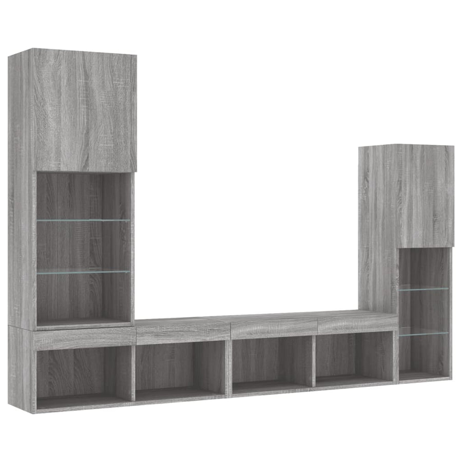 4-delige Tv-wandmeubelset met LED bewerkt hout grijs sonoma