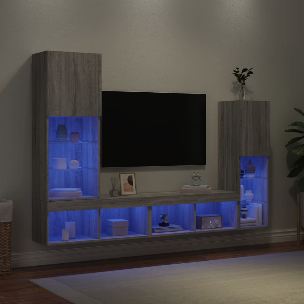 4-Delige Tv-Wandmeubelset Met Led Bewerkt Hout Grijs sonoma