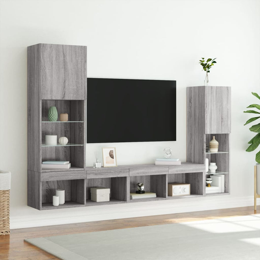 4-delige Tv-wandmeubelset met LED bewerkt hout grijs sonoma