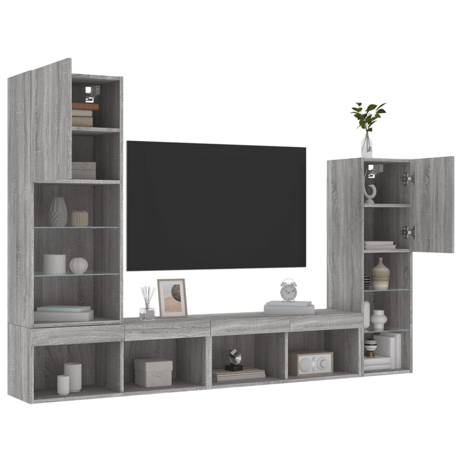 4-delige Tv-wandmeubelset met LED bewerkt hout grijs sonoma