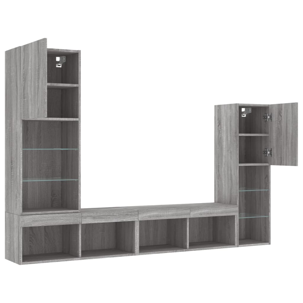 4-Delige Tv-Wandmeubelset Met Led Bewerkt Hout Grijs sonoma