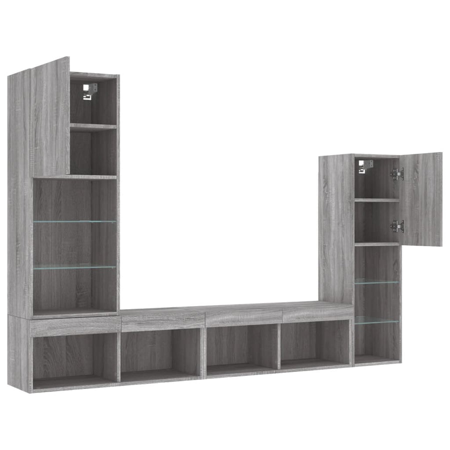 4-delige Tv-wandmeubelset met LED bewerkt hout grijs sonoma