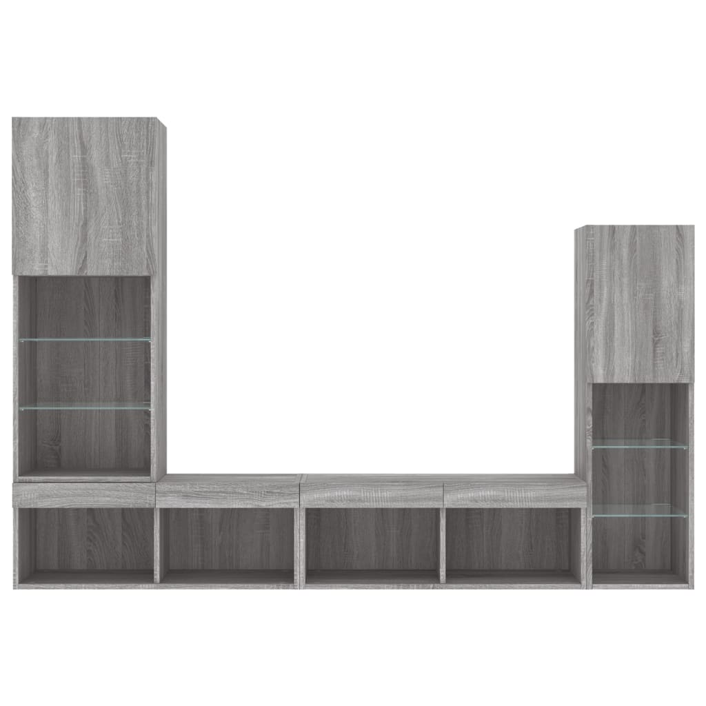 4-Delige Tv-Wandmeubelset Met Led Bewerkt Hout Grijs sonoma