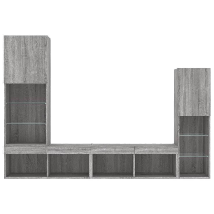 4-delige Tv-wandmeubelset met LED bewerkt hout grijs sonoma
