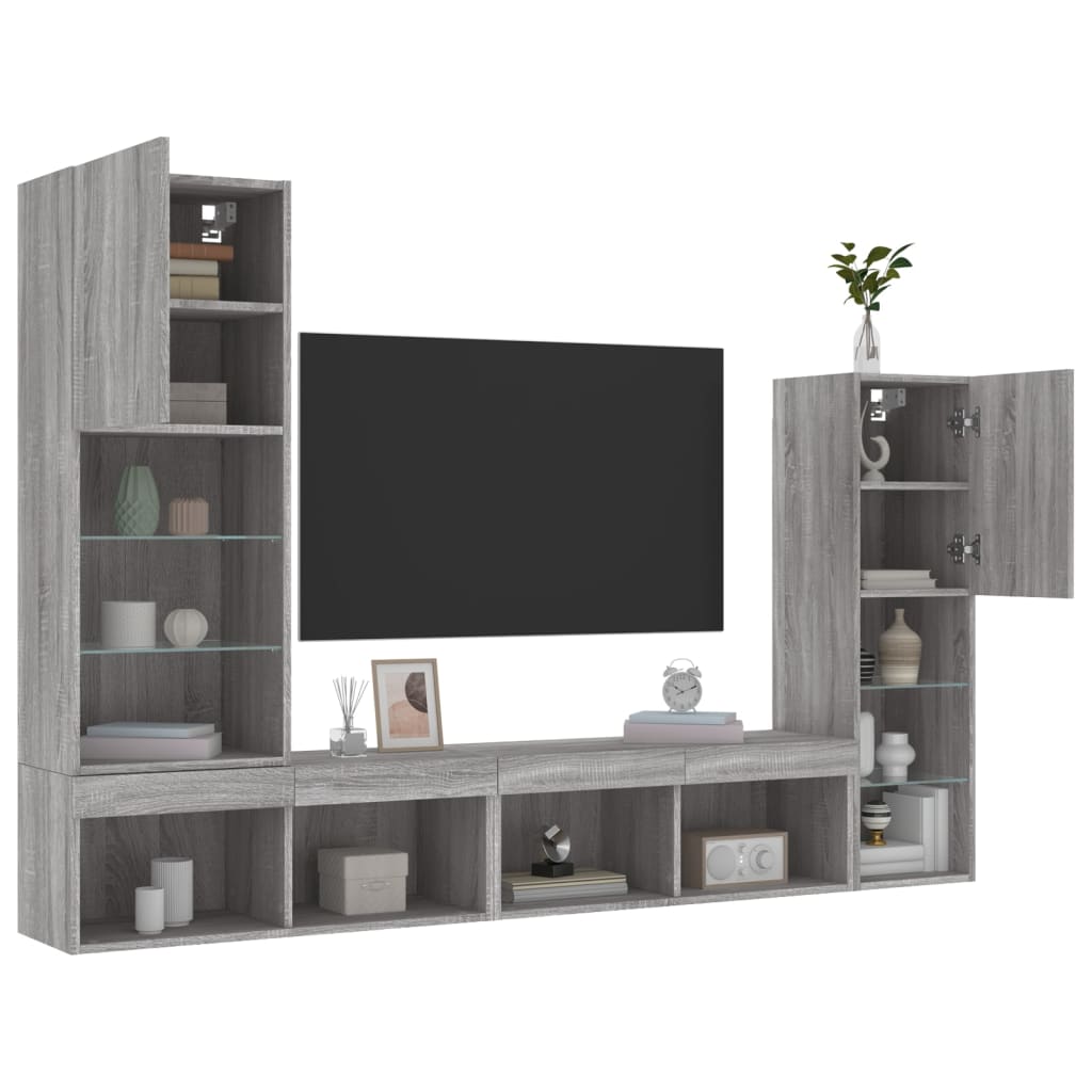 4-Delige Tv-Wandmeubelset Met Led Bewerkt Hout Grijs sonoma