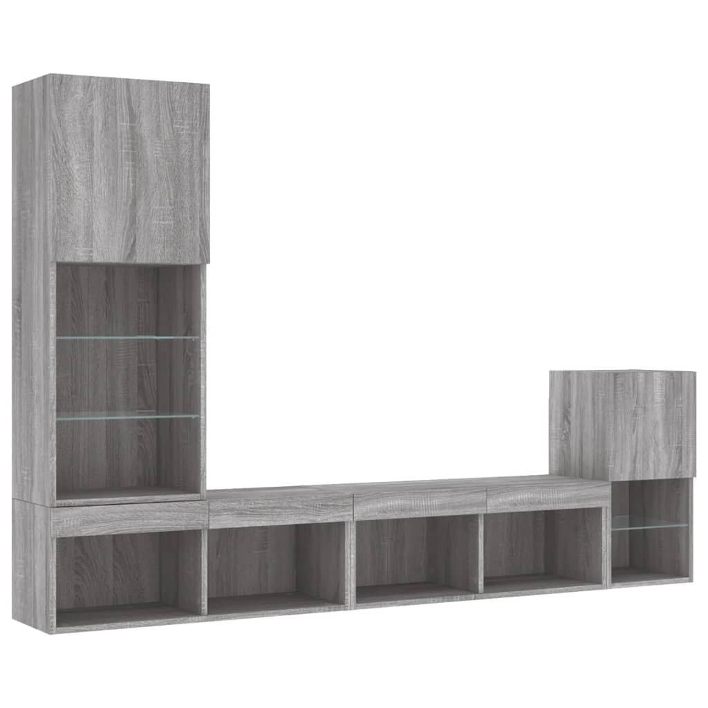 4-delige Tv-wandmeubelset met LED bewerkt hout grijs sonoma
