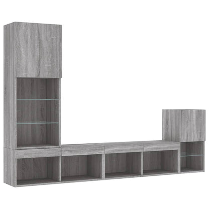 4-delige Tv-wandmeubelset met LED bewerkt hout grijs sonoma