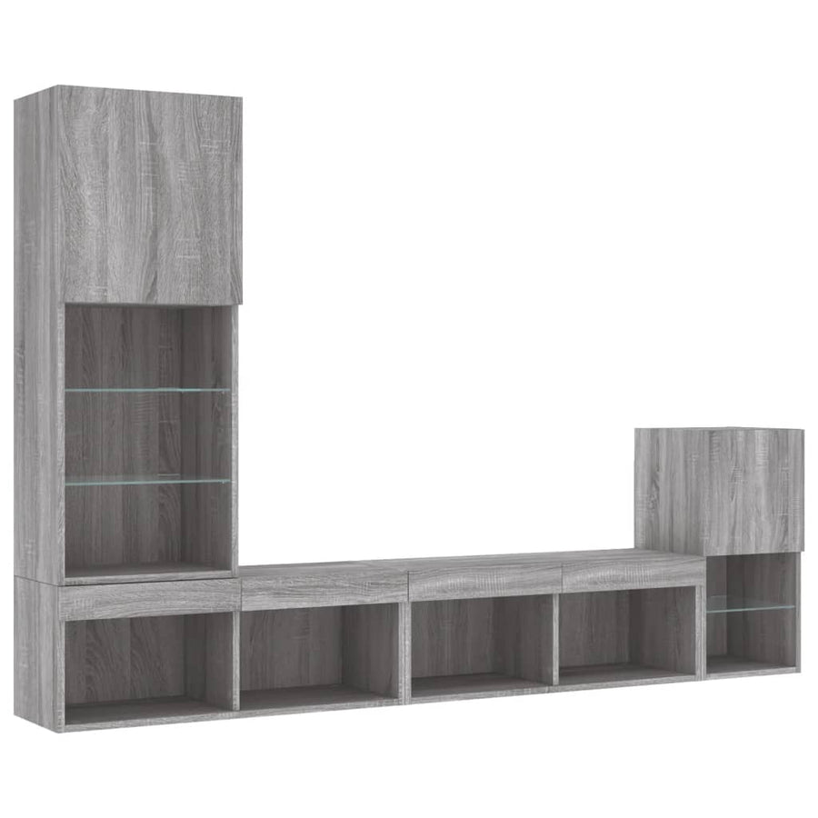 4-delige Tv-wandmeubelset met LED bewerkt hout grijs sonoma