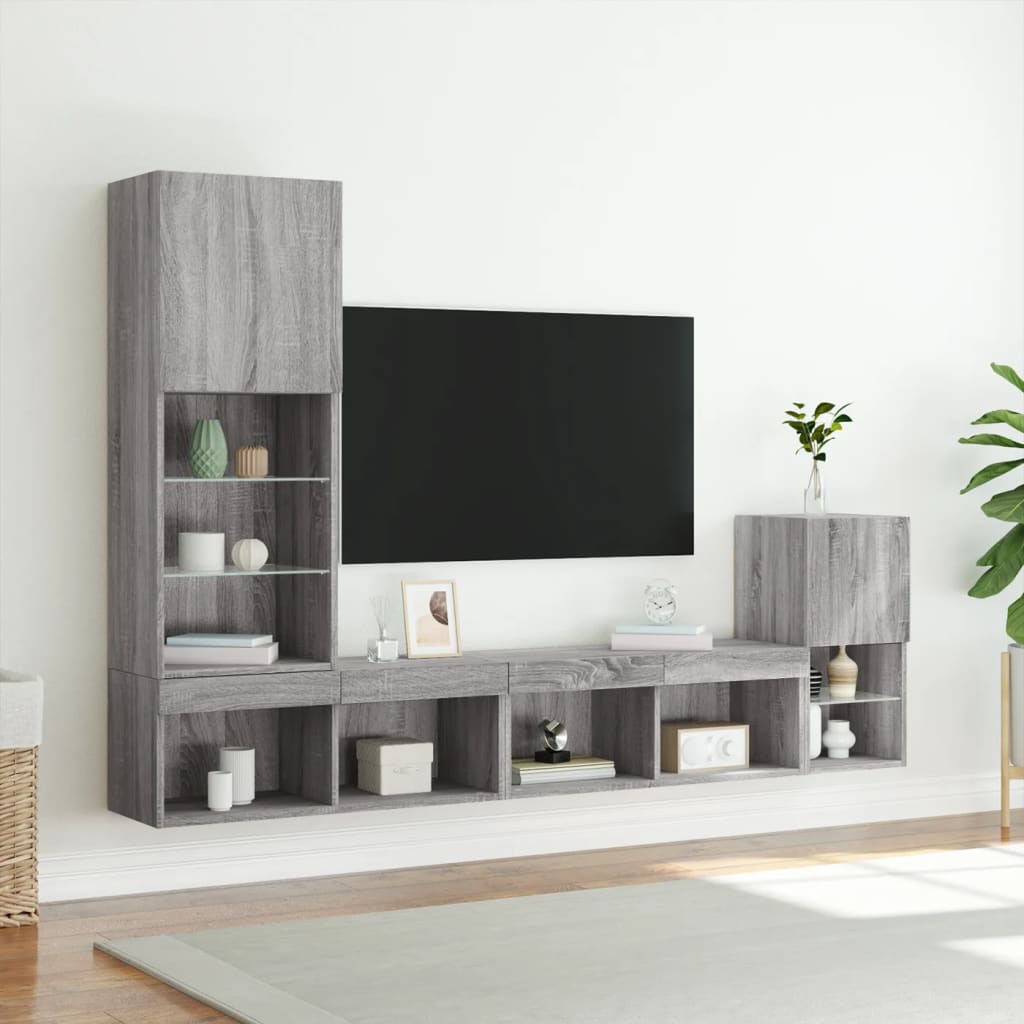 4-delige Tv-wandmeubelset met LED bewerkt hout grijs sonoma