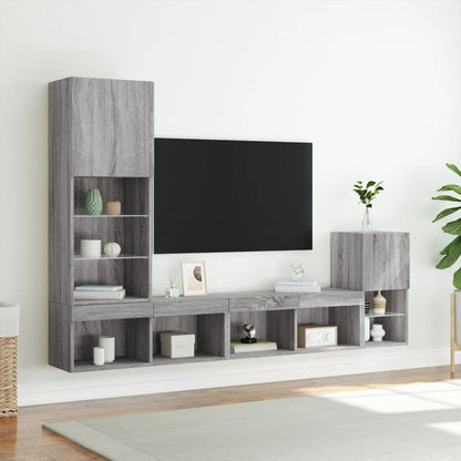 4-delige Tv-wandmeubelset met LED bewerkt hout grijs sonoma